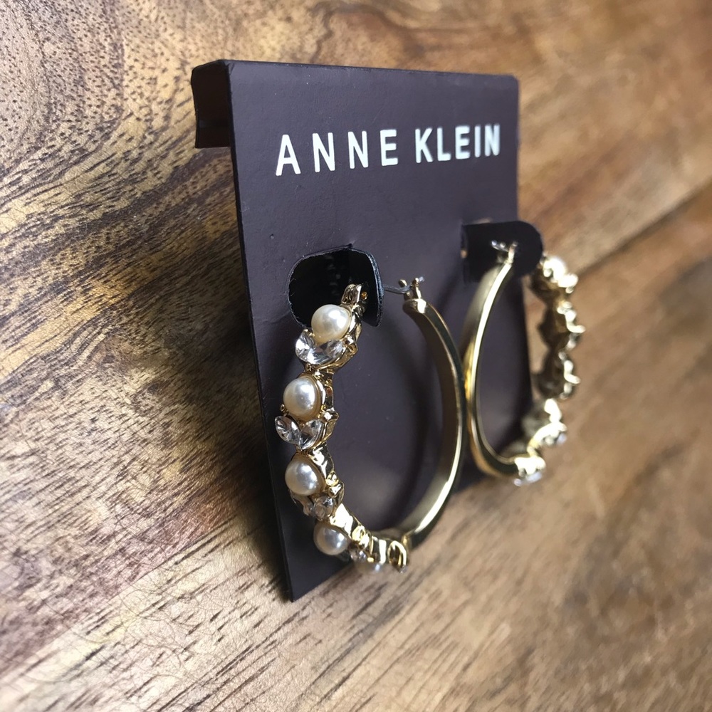 Anne Klein Earrings Pearl Gold Hoop Drop